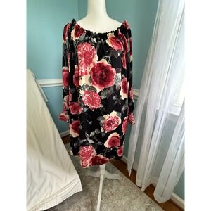 Lilian Floral Off The Shoulder Tunic Dress Red Rose Black Long Sleeve XL USA